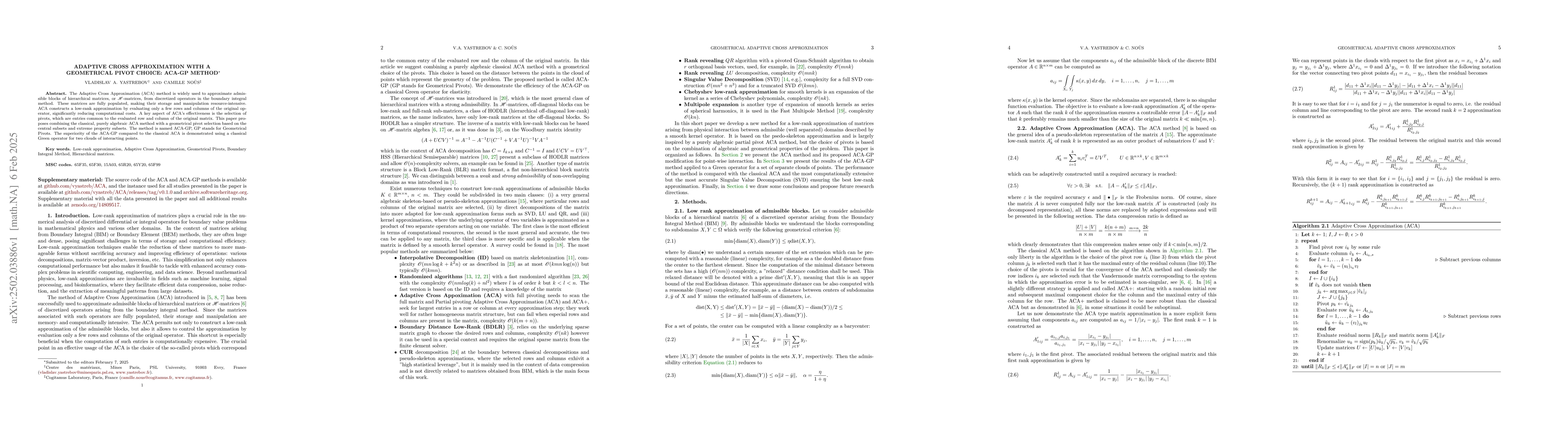 Thumbnail for Adaptive Cross Approximation with a Geometrical Pivot Choice: ACA-GP
  Method
