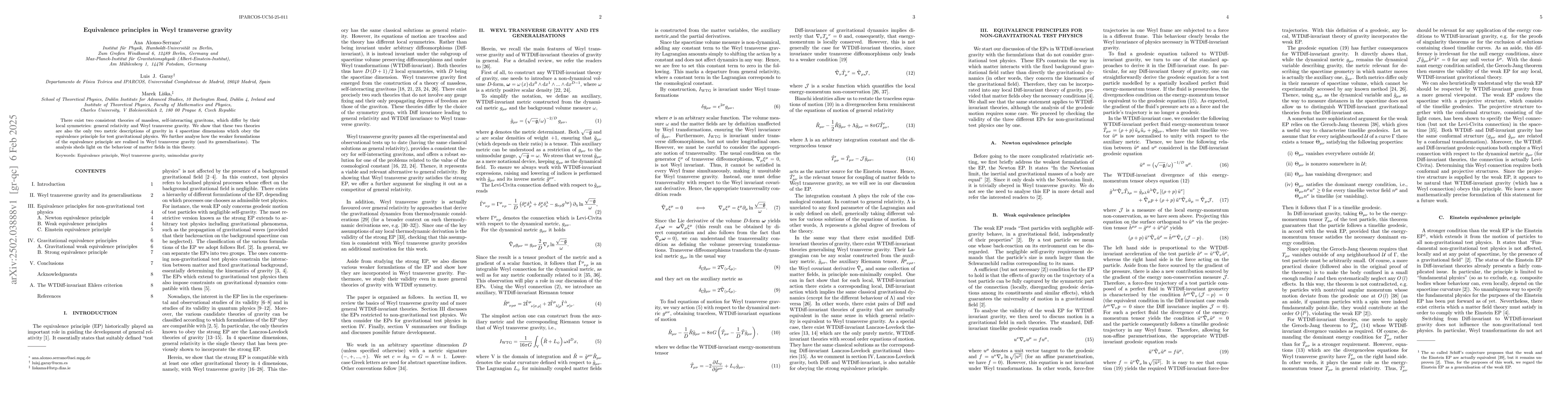 Thumbnail for Equivalence principles in Weyl transverse gravity
