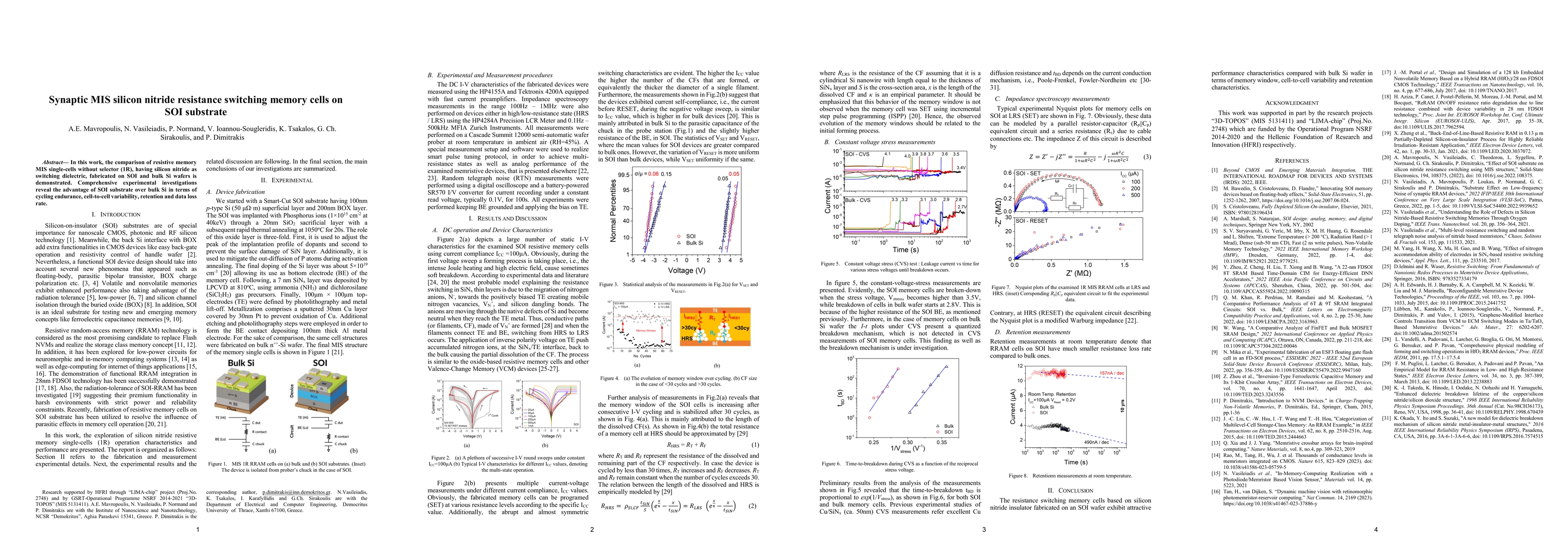 Thumbnail for Synaptic MIS Silicon Nitride Resistance Switching Memory Cells on SOI
  Substrate