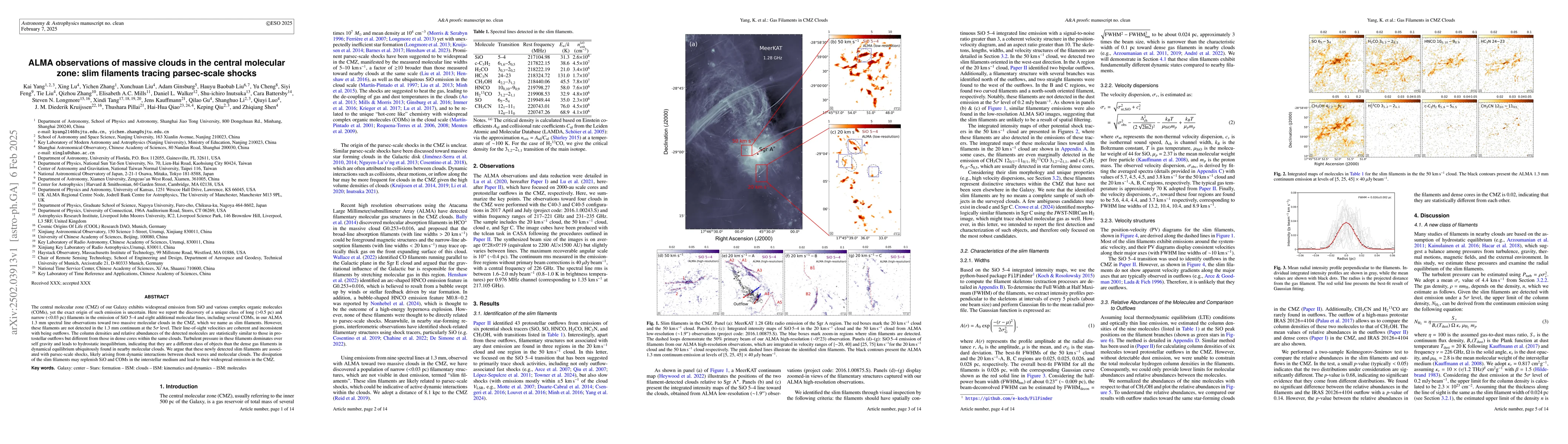 Thumbnail for ALMA observations of massive clouds in the central molecular zone: slim
  filaments tracing parsec-scale shocks