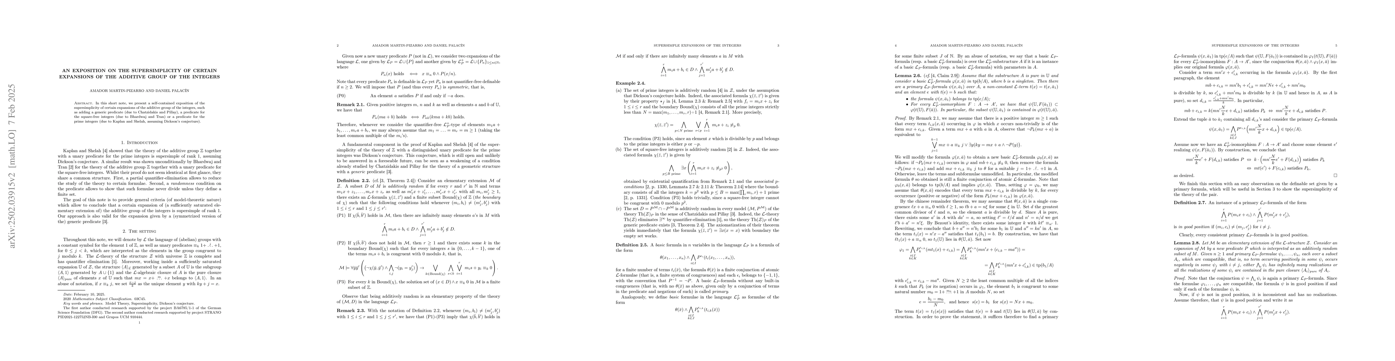 Thumbnail for An exposition on the supersimplicity of certain expansions of the
  additive group of the integers