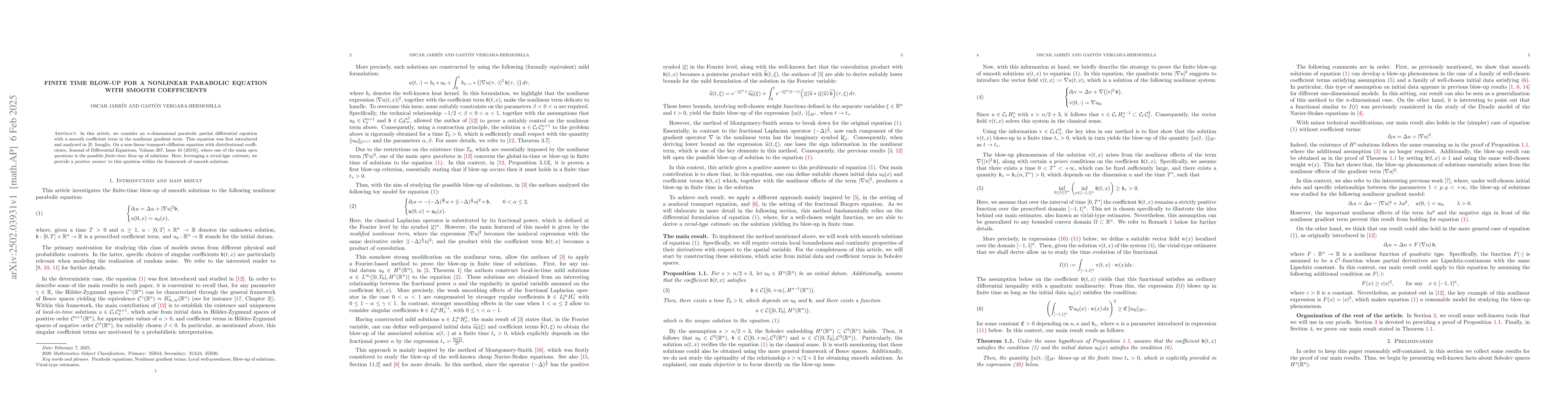 Thumbnail for Finite time blow-up for a nonlinear parabolic equation with smooth
  coefficients