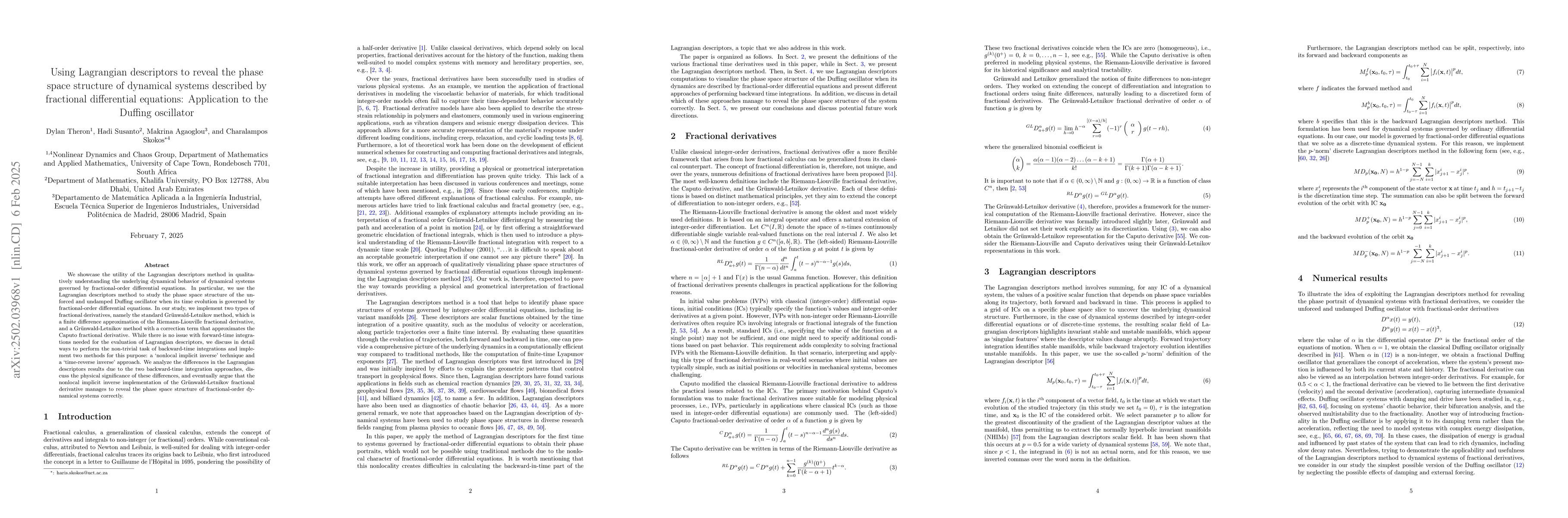 Thumbnail for Using Lagrangian descriptors to reveal the phase space structure of
  dynamical systems described by fractional differential equations: Application
  to the Duffing oscillator