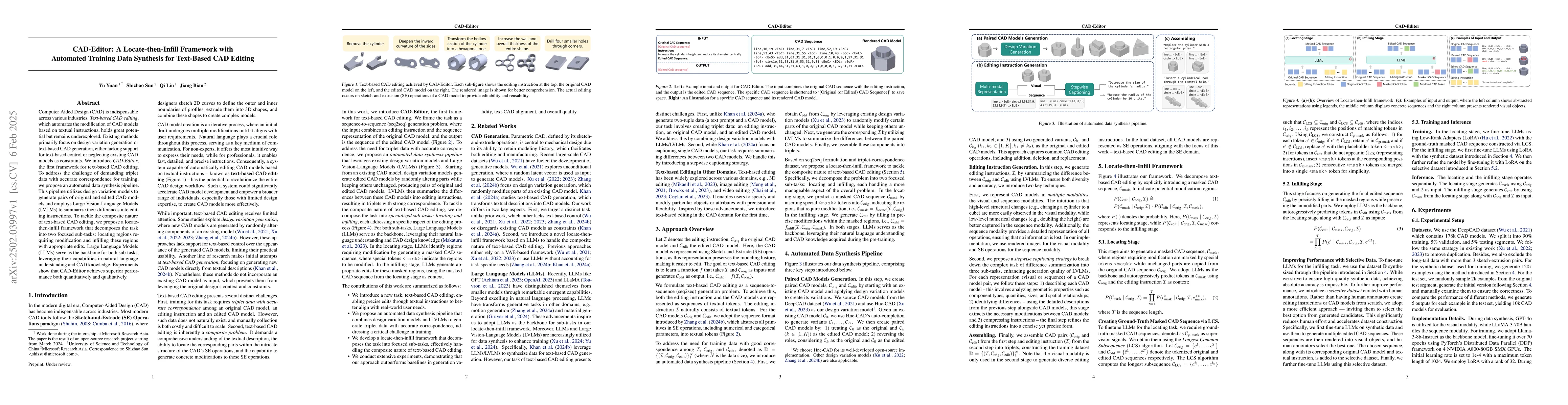 Thumbnail for CAD-Editor: A Locate-then-Infill Framework with Automated Training Data
  Synthesis for Text-Based CAD Editing