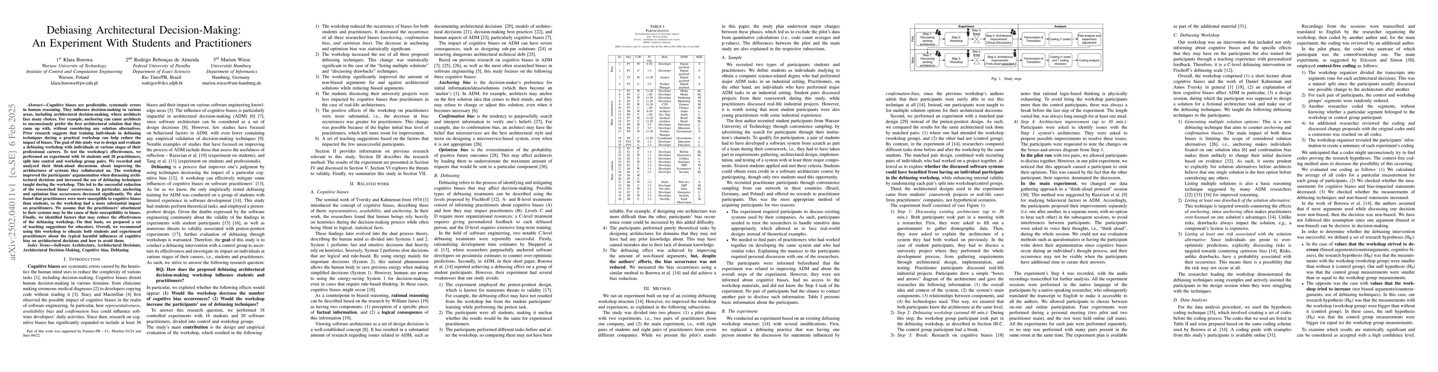 Thumbnail for Debiasing Architectural Decision-Making: An Experiment With Students and
  Practitioners