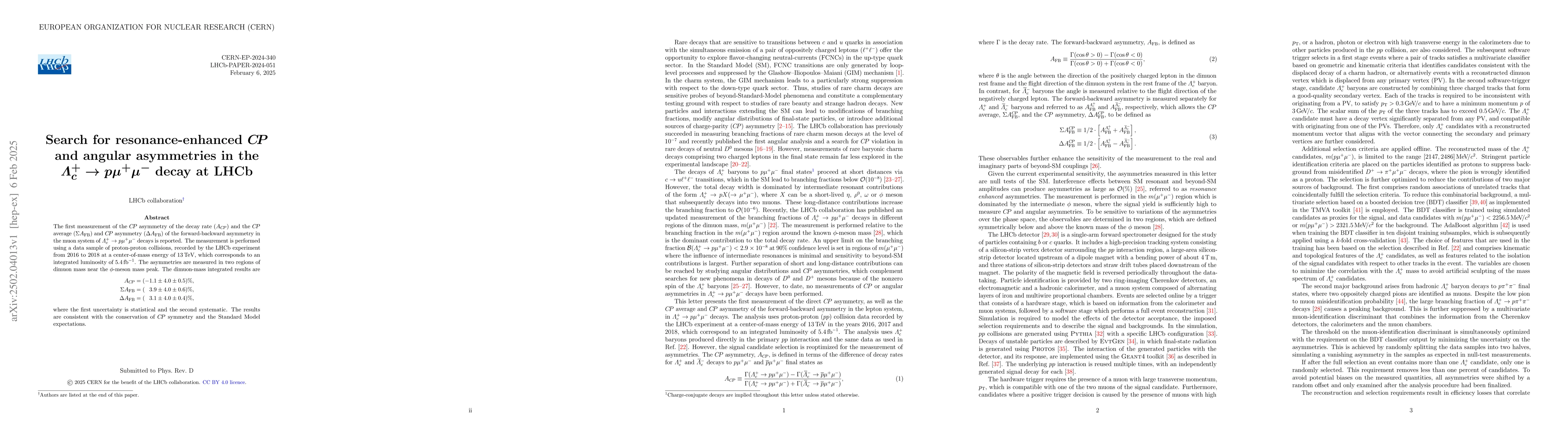 Thumbnail for Search for resonance-enhanced $CP$ and angular asymmetries in the
  $Λ^+_{c}\to pμ^+μ^-$ decay at LHCb