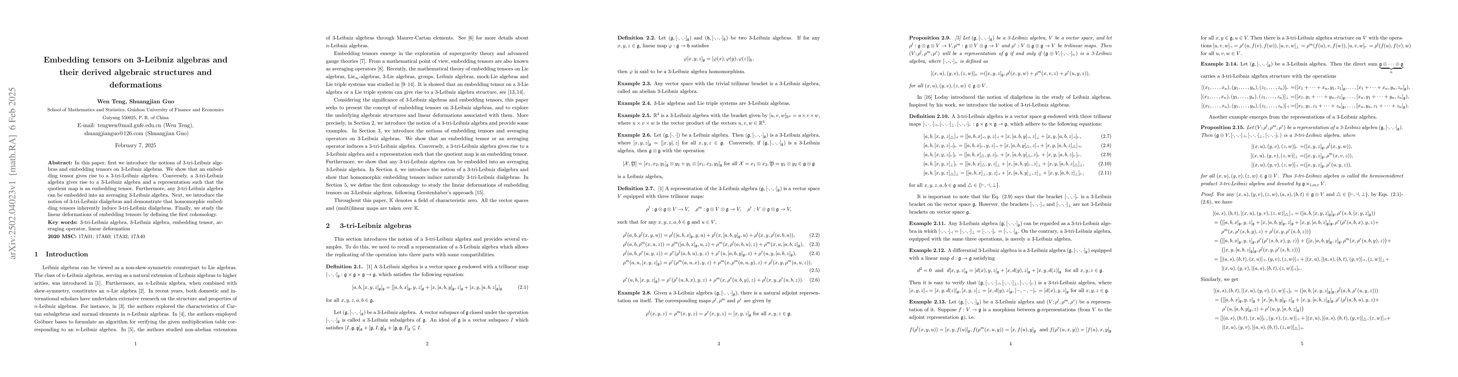 Thumbnail for Embedding tensors on 3-Leibniz algebras and their derived algebraic
  structures and deformations