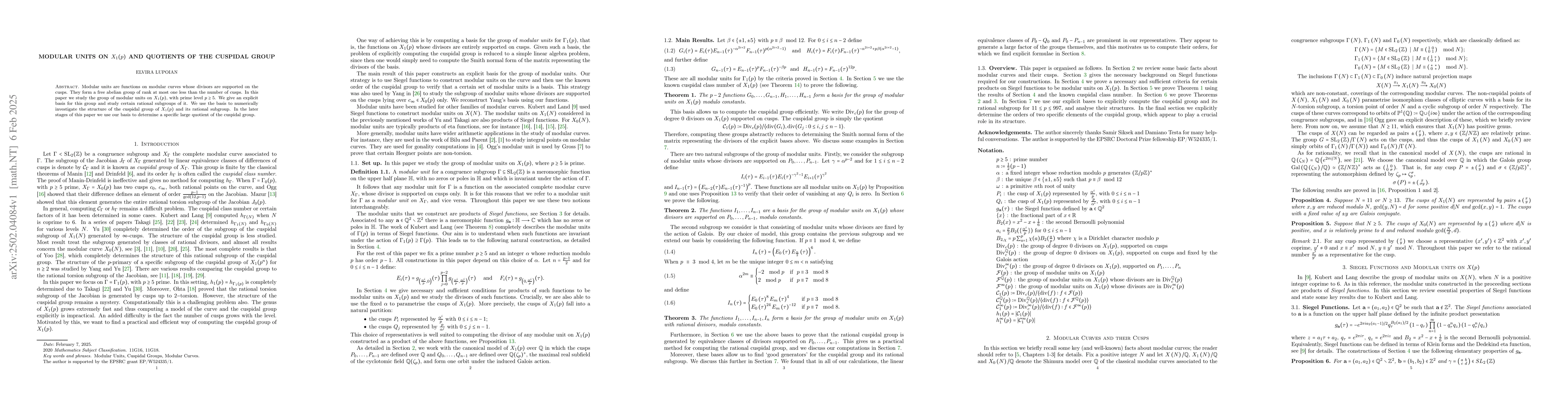 Thumbnail for Modular Units on $X_{1}( p)$ and Quotients of the Cuspidal Group