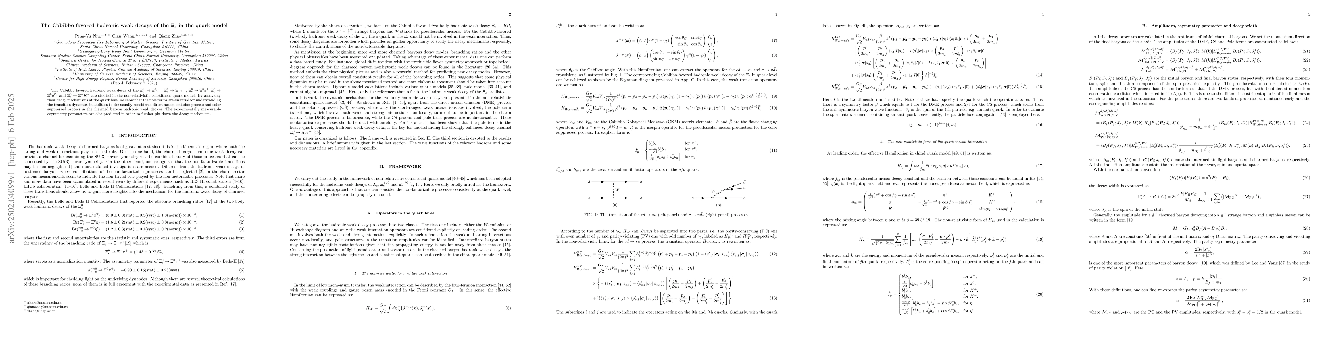 Thumbnail for The Cabibbo-favored hadronic weak decays of the $Ξ_c$ in the quark
  model