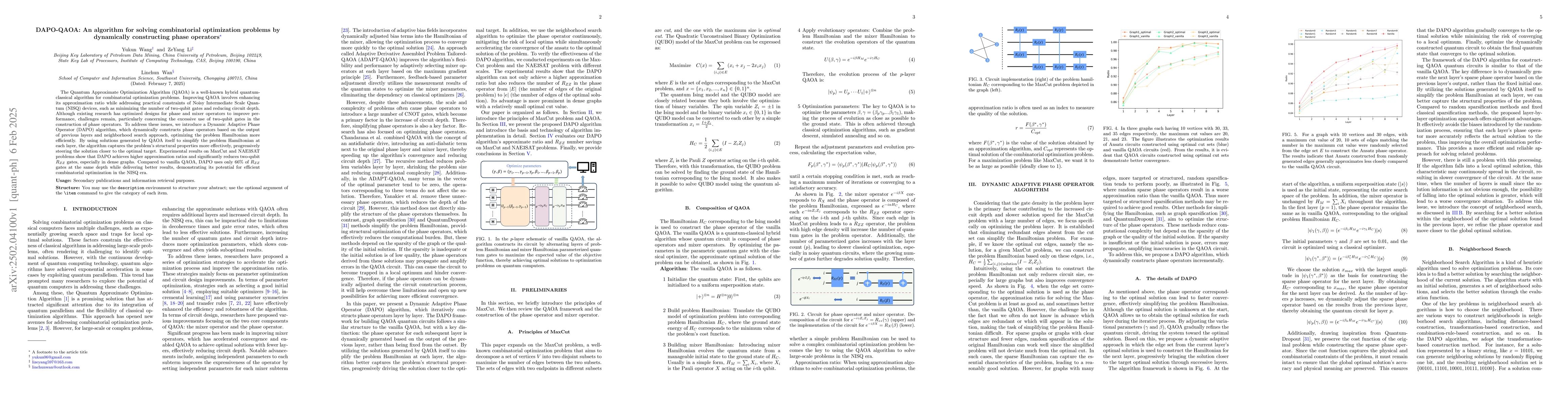 Thumbnail for DAPO-QAOA: An algorithm for solving combinatorial optimization problems
  by dynamically constructing phase operators