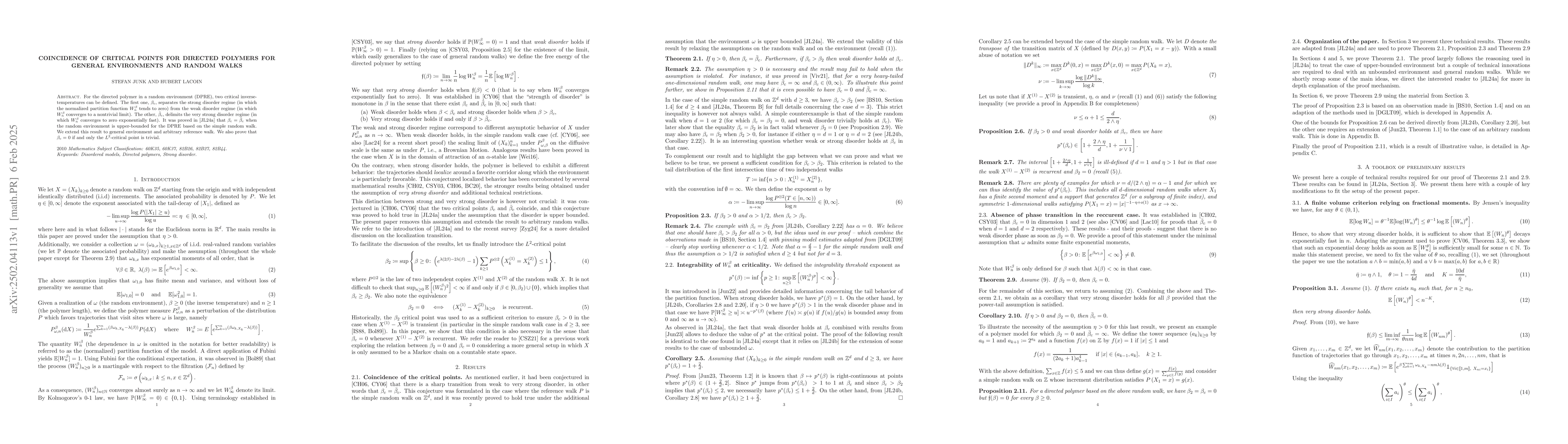 Thumbnail for Coincidence of critical points for directed polymers for general
  environments and random walks