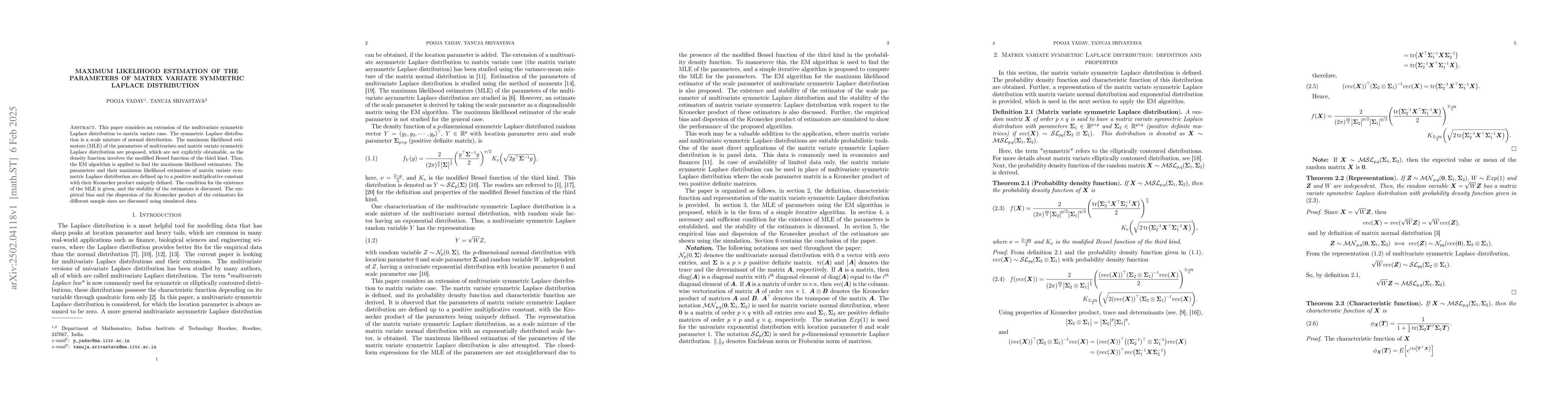 Thumbnail for Maximum Likelihood Estimation of the Parameters of Matrix Variate
  Symmetric Laplace Distribution