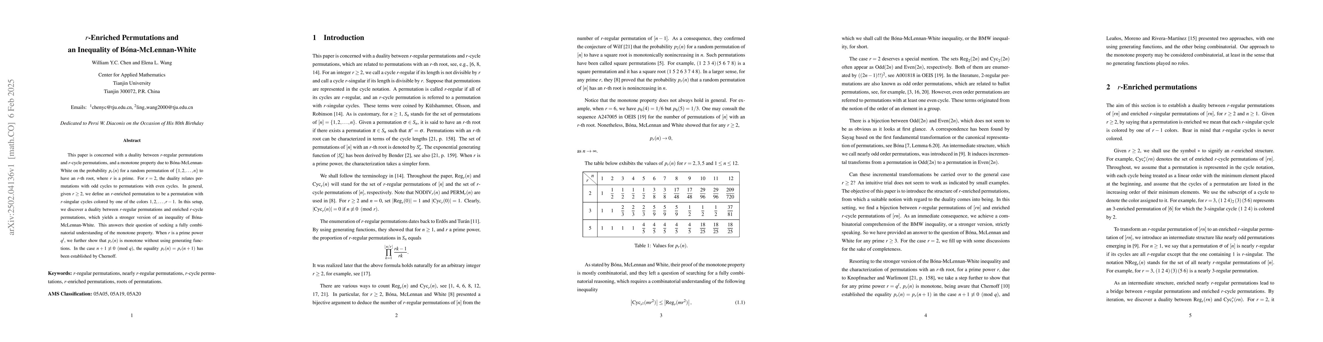 Thumbnail for $r$-Enriched Permutations and an Inequality of Bóna-McLennan-White