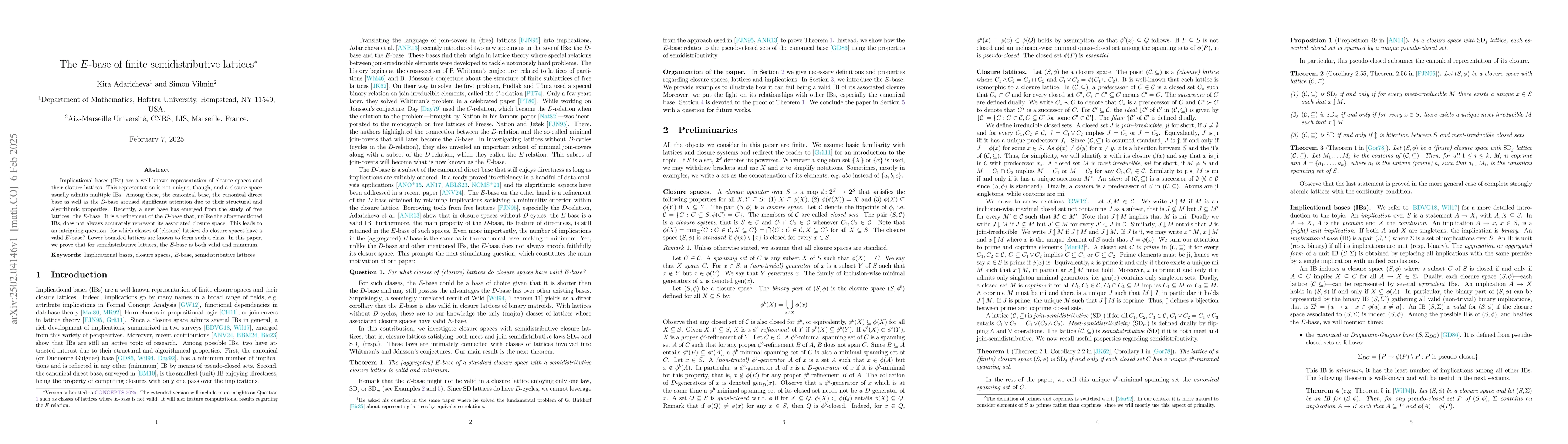 Thumbnail for The $E$-base of finite semidistributive lattices