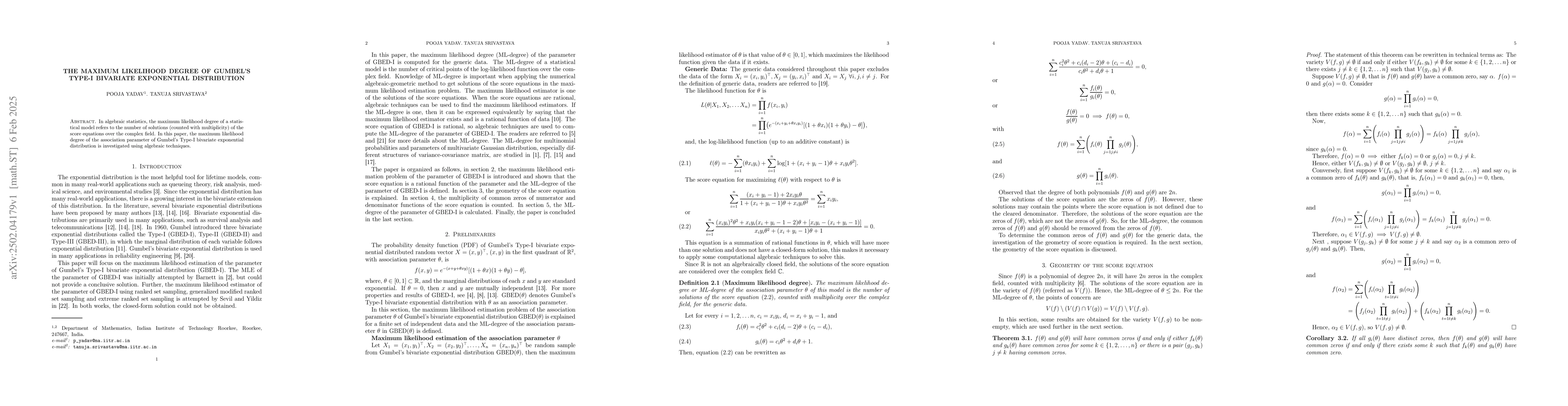 Thumbnail for The Maximum Likelihood Degree of Gumbel's Type-I Bivariate Exponential
  Distribution