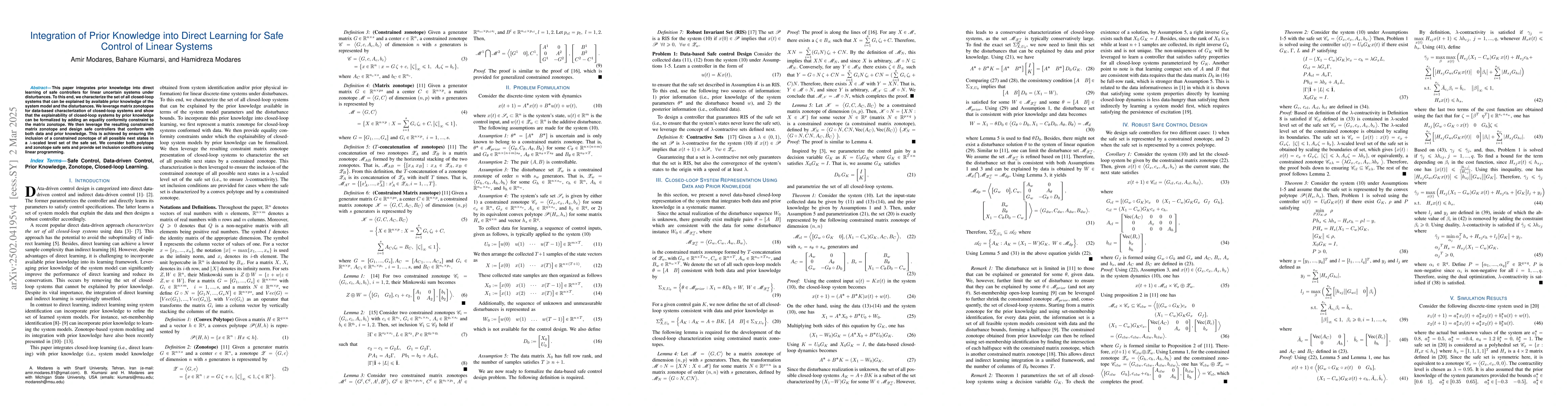 Thumbnail for Integration of Prior Knowledge into Direct Learning for Safe Control of
  Linear Systems