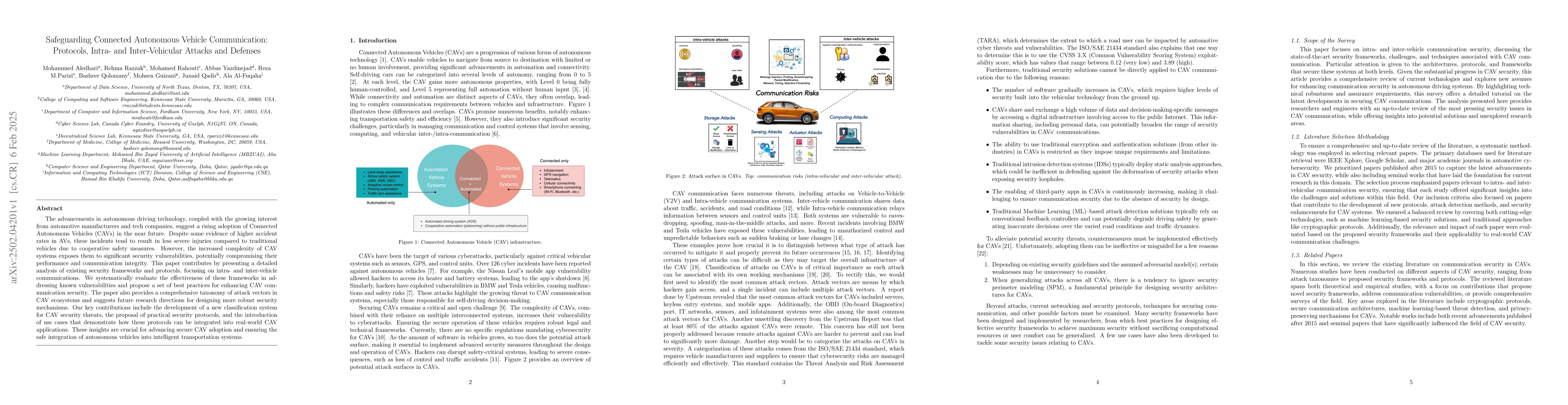Thumbnail for Safeguarding connected autonomous vehicle communication: Protocols,
  intra- and inter-vehicular attacks and defenses