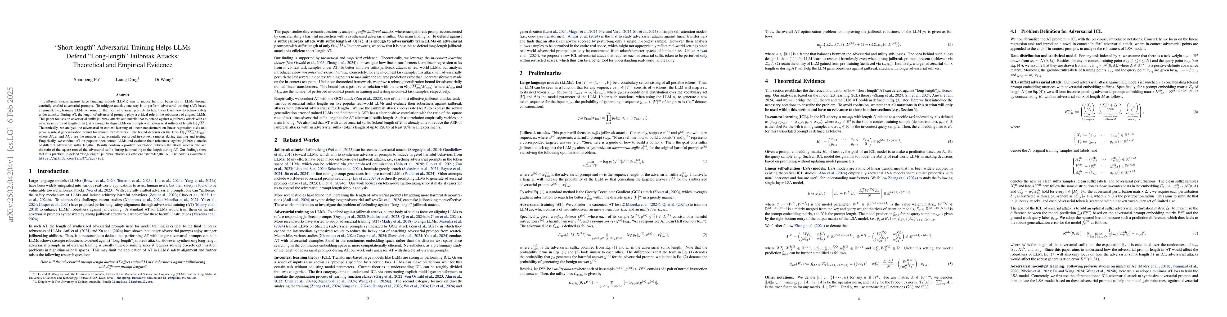 Thumbnail for "Short-length" Adversarial Training Helps LLMs Defend "Long-length"
  Jailbreak Attacks: Theoretical and Empirical Evidence