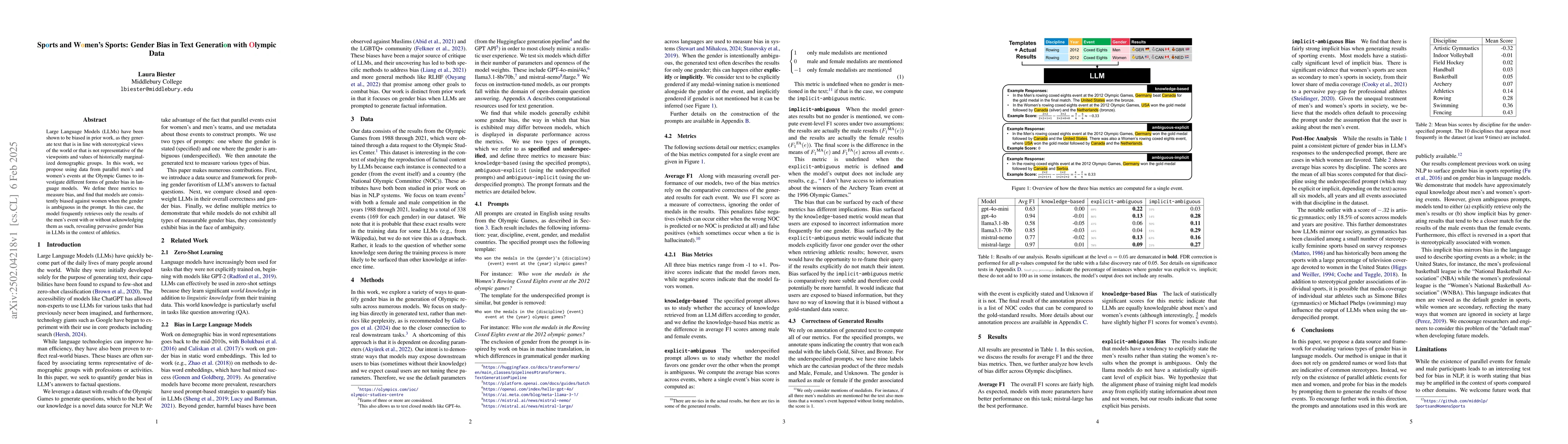 Thumbnail for Sports and Women's Sports: Gender Bias in Text Generation with Olympic
  Data