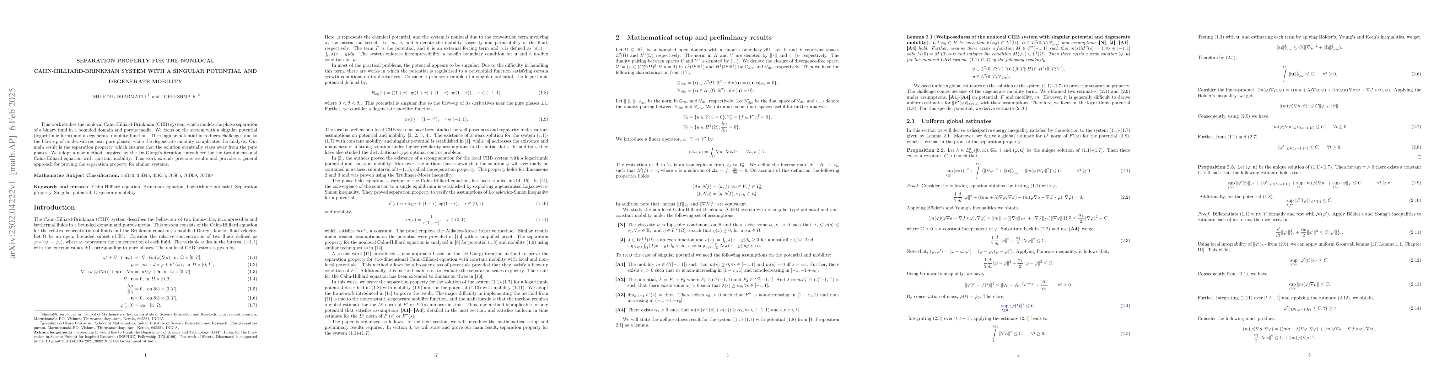Thumbnail for Separation Property for the Nonlocal Cahn Hilliard Brinkman System with
  Singular Potential and Degenerate Mobility