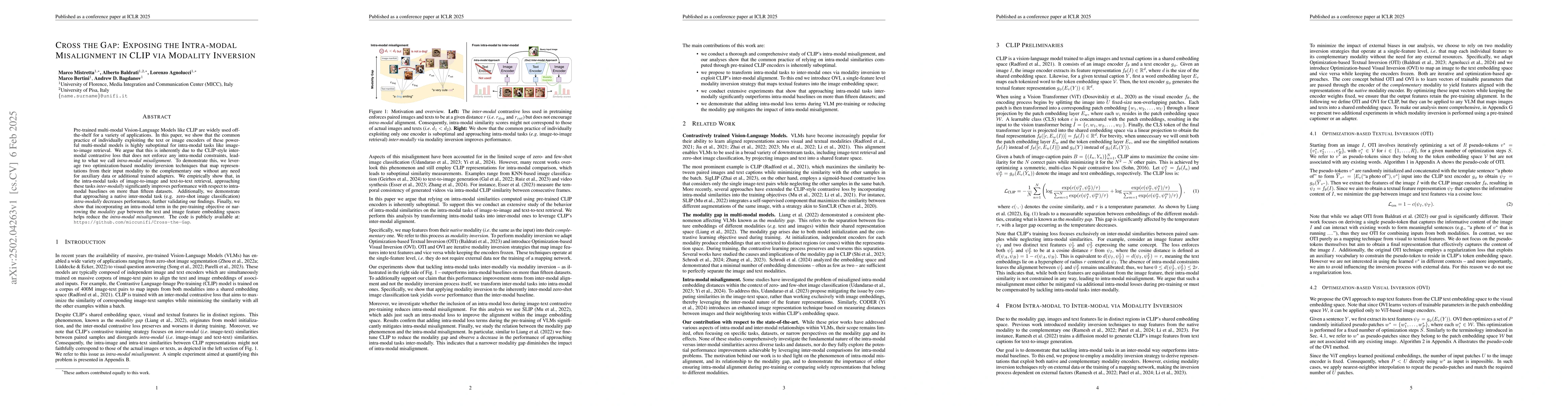 Thumbnail for Cross the Gap: Exposing the Intra-modal Misalignment in CLIP via
  Modality Inversion