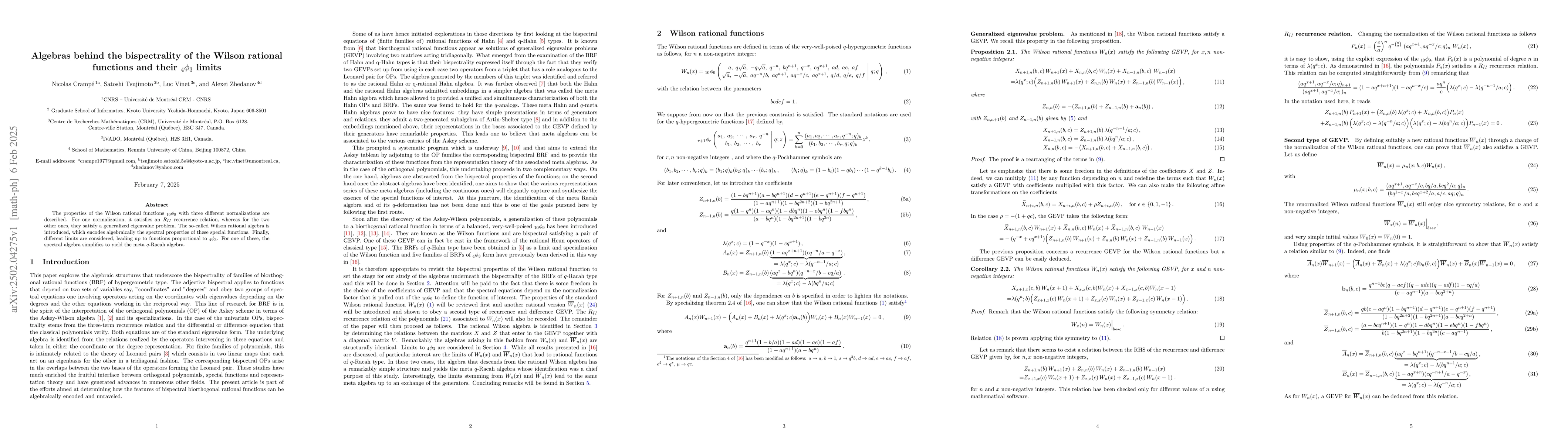 Thumbnail for Algebras behind the bispectrality of the Wilson rational functions and
  their ${}_4φ_3$ limits