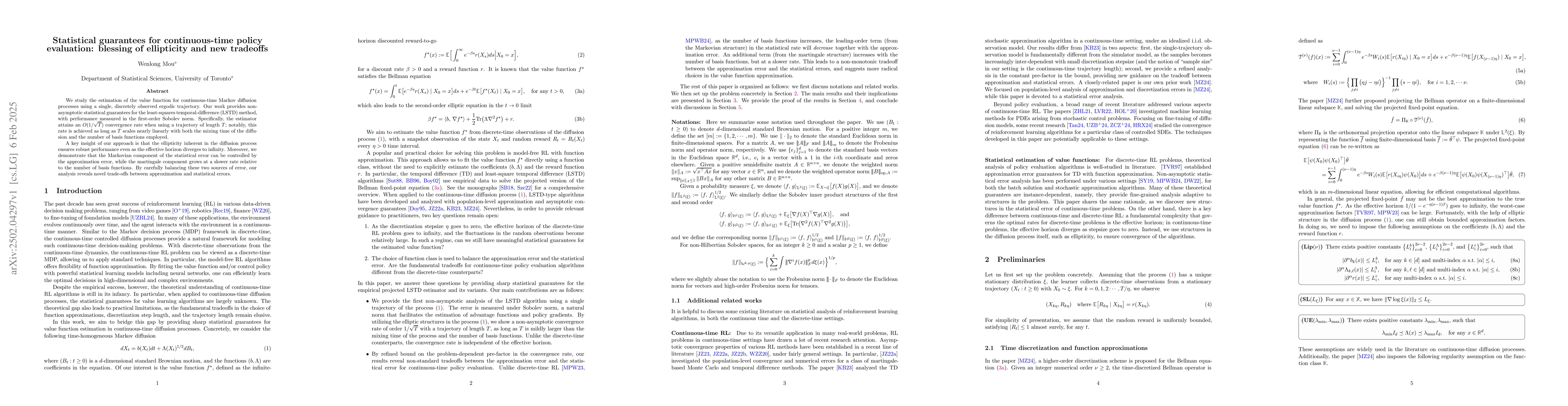 Thumbnail for Statistical guarantees for continuous-time policy evaluation: blessing
  of ellipticity and new tradeoffs