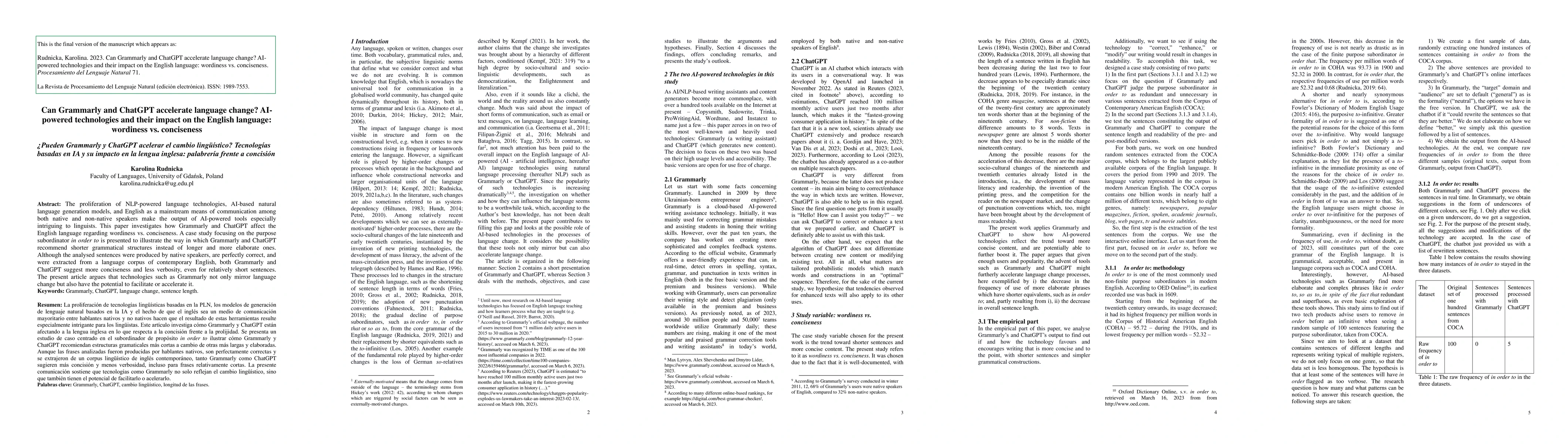 Thumbnail for Can Grammarly and ChatGPT accelerate language change? AI-powered
  technologies and their impact on the English language: wordiness vs.
  conciseness