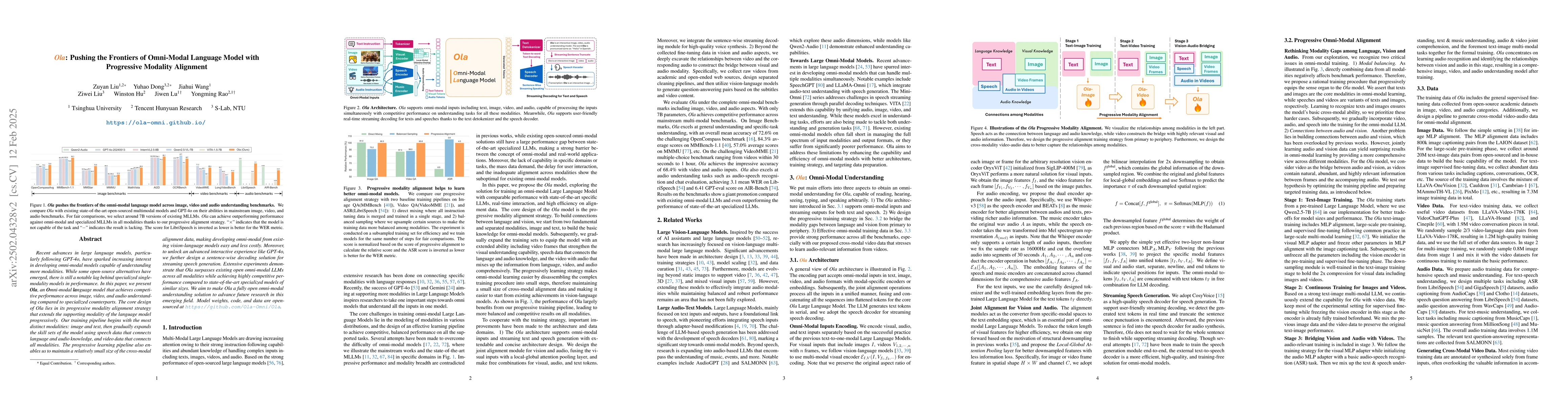 Thumbnail for Ola: Pushing the Frontiers of Omni-Modal Language Model with Progressive
  Modality Alignment