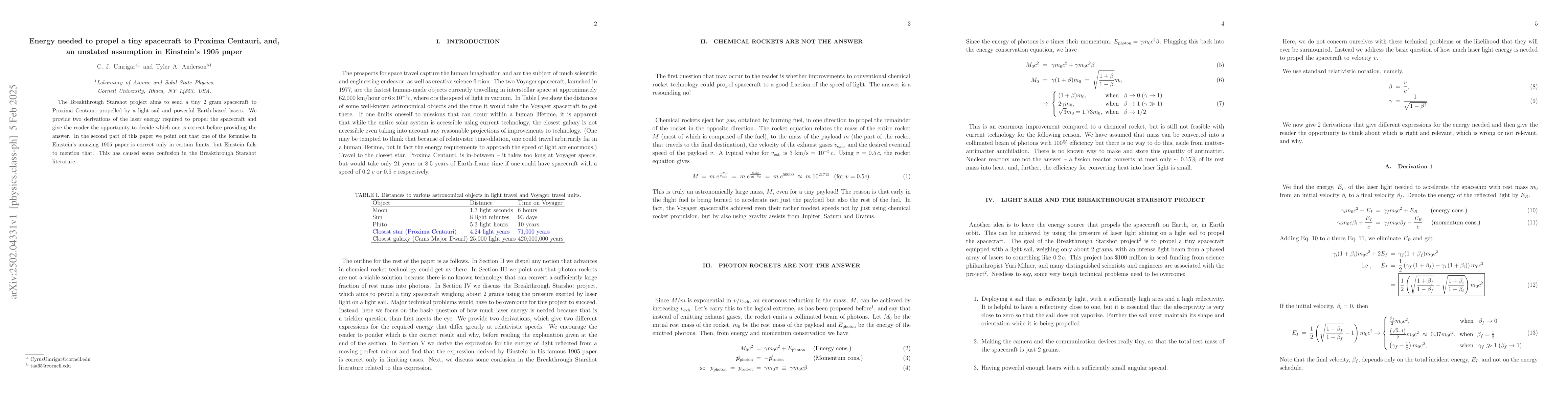 Thumbnail for Energy needed to propel a tiny spacecraft to Proxima Centauri,and, an
  unstated assumption in Einstein's 1905 paper