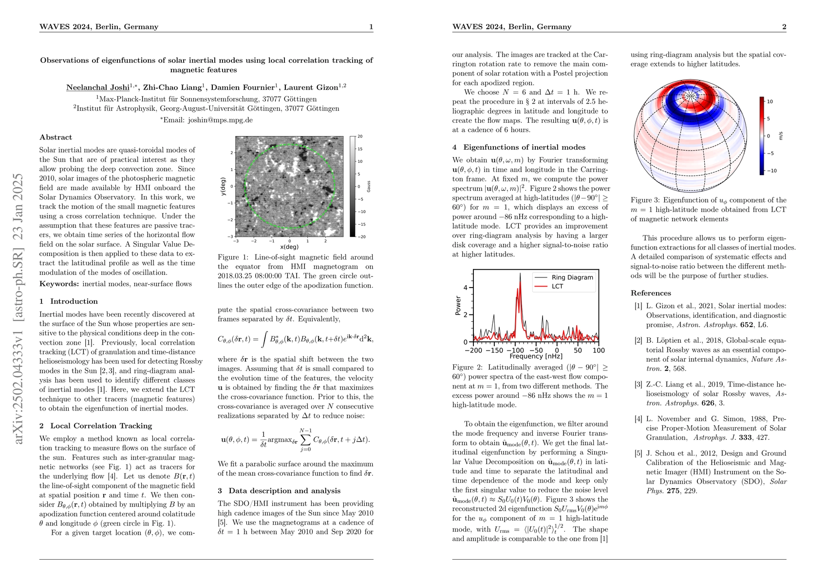 Thumbnail for Observations of eigenfunctions of solar inertial modes using local
  correlation tracking of magnetic features