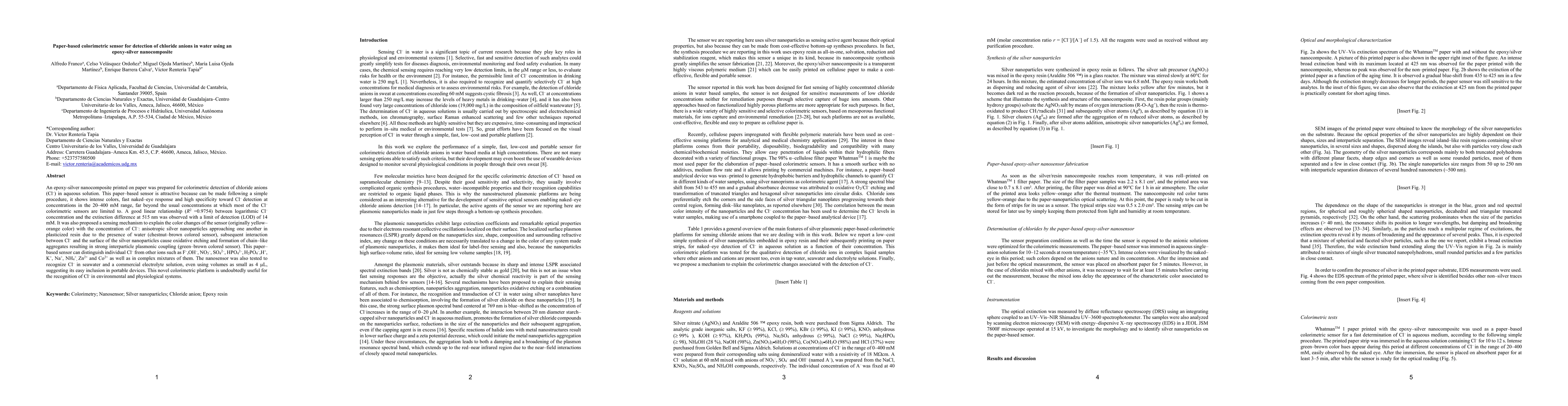Thumbnail for Paper-based colorimetric sensor for detection of chloride anions in
  water using an epoxy-silver nanocomposite