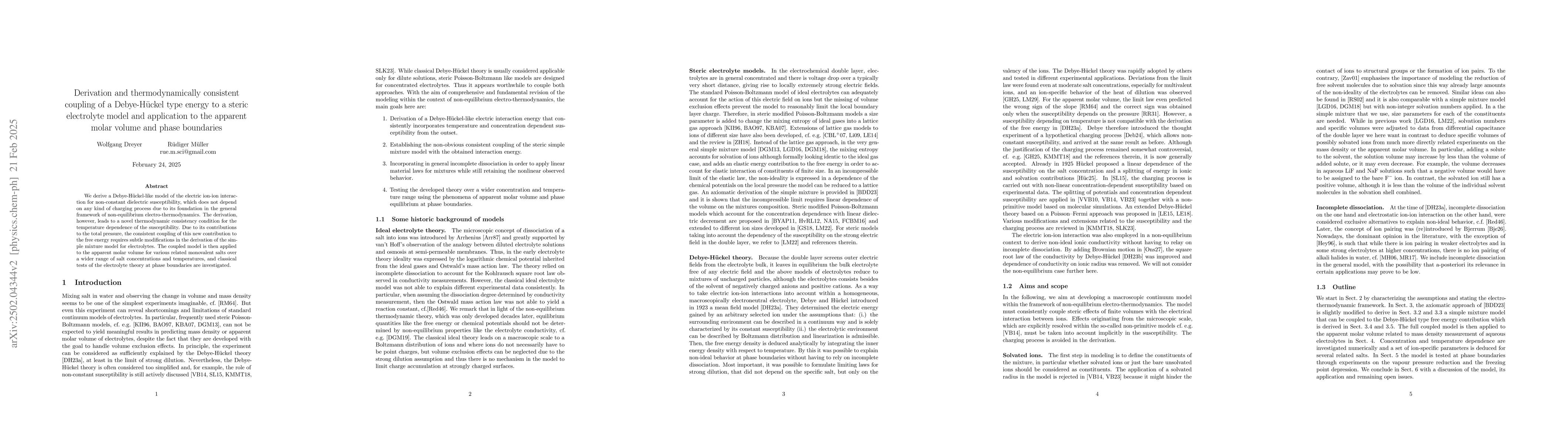 Thumbnail for Derivation and thermodynamically consistent coupling of a Debye-Hückel
  type energy to a steric electrolyte model and application to the apparent
  molar volume and phase boundaries
