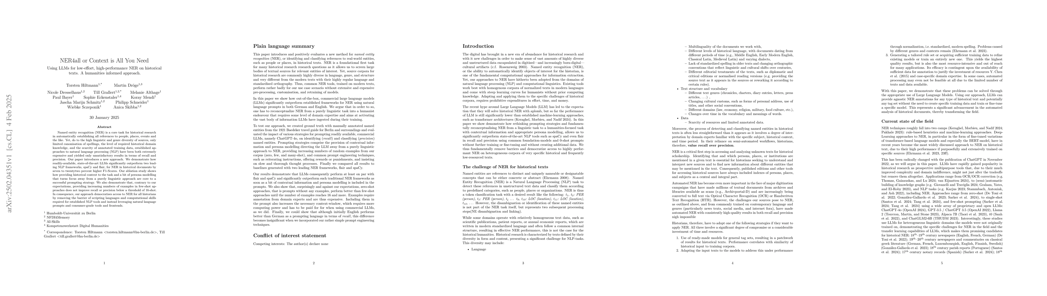 Thumbnail for NER4all or Context is All You Need: Using LLMs for low-effort,
  high-performance NER on historical texts. A humanities informed approach