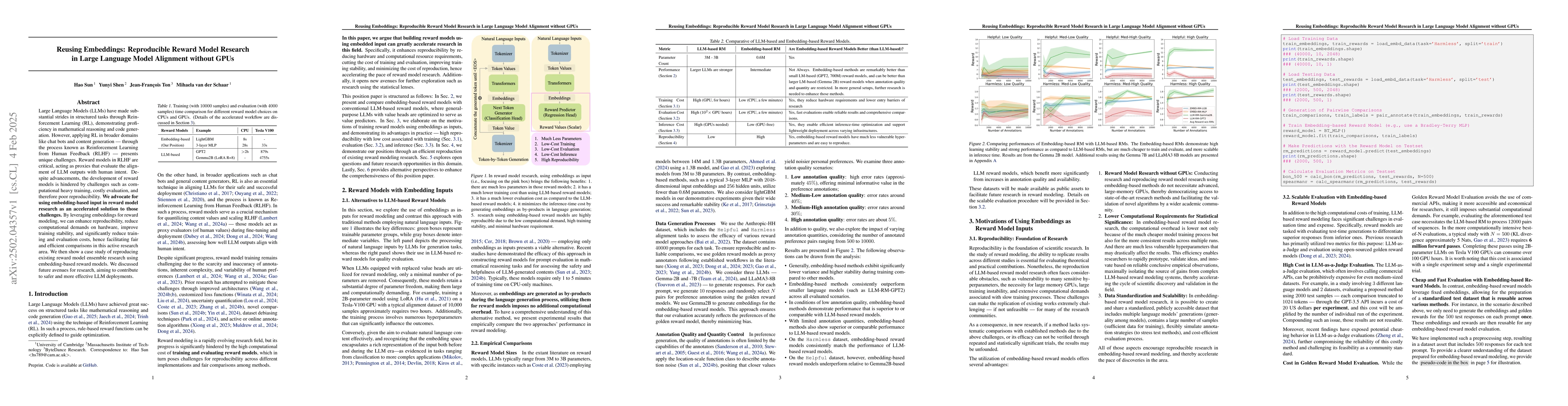 Thumbnail for Reusing Embeddings: Reproducible Reward Model Research in Large Language
  Model Alignment without GPUs
