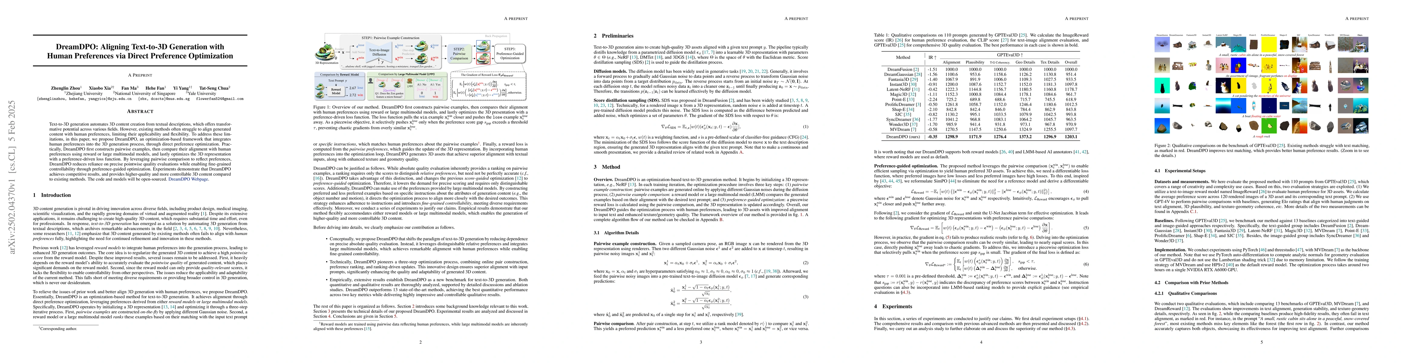 Thumbnail for DreamDPO: Aligning Text-to-3D Generation with Human Preferences via
  Direct Preference Optimization