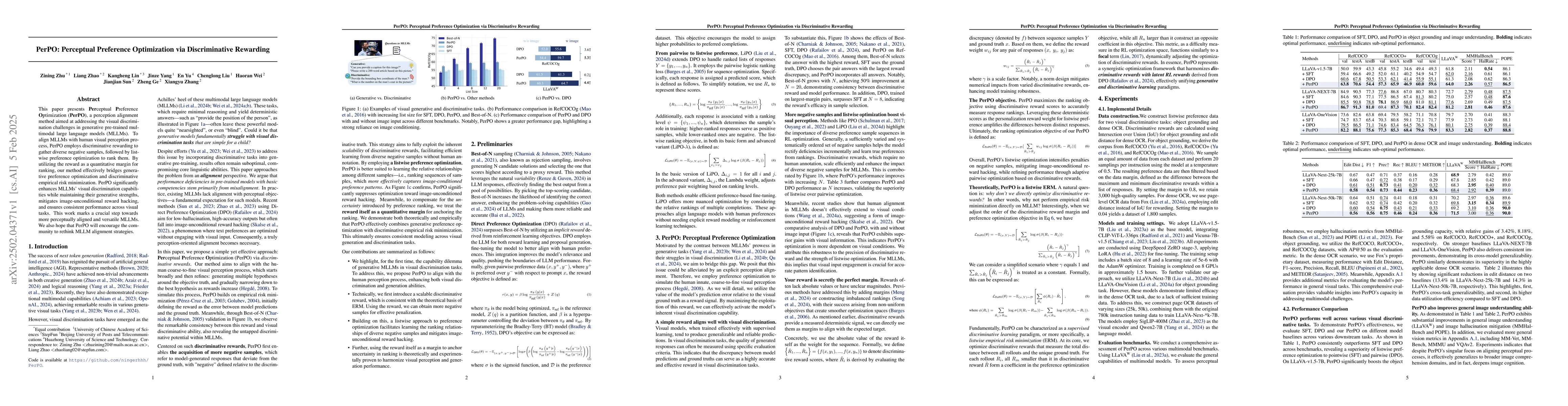 Thumbnail for PerPO: Perceptual Preference Optimization via Discriminative Rewarding