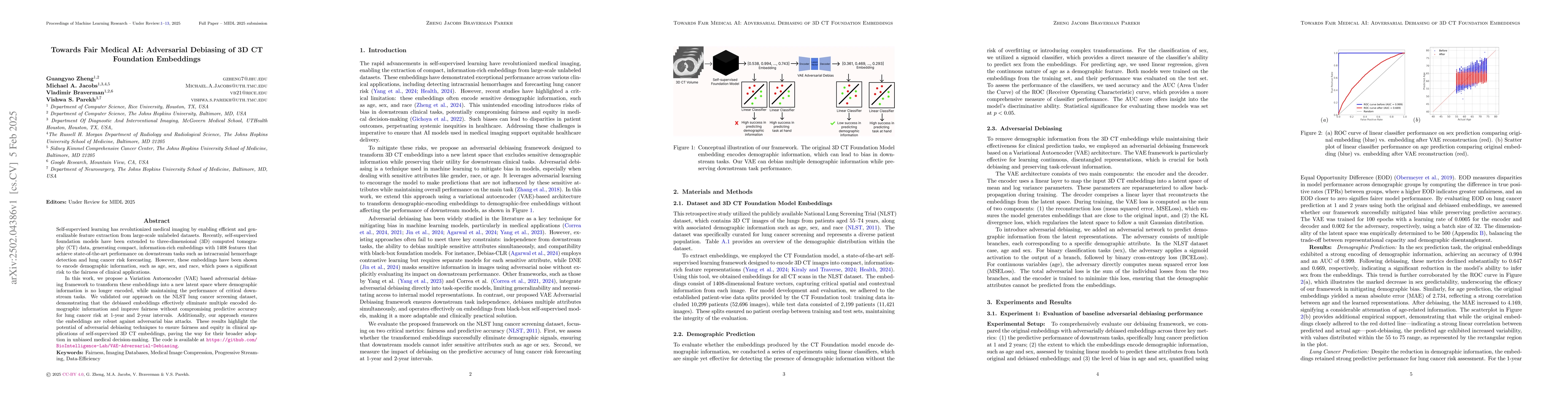 Thumbnail for Towards Fair Medical AI: Adversarial Debiasing of 3D CT Foundation
  Embeddings