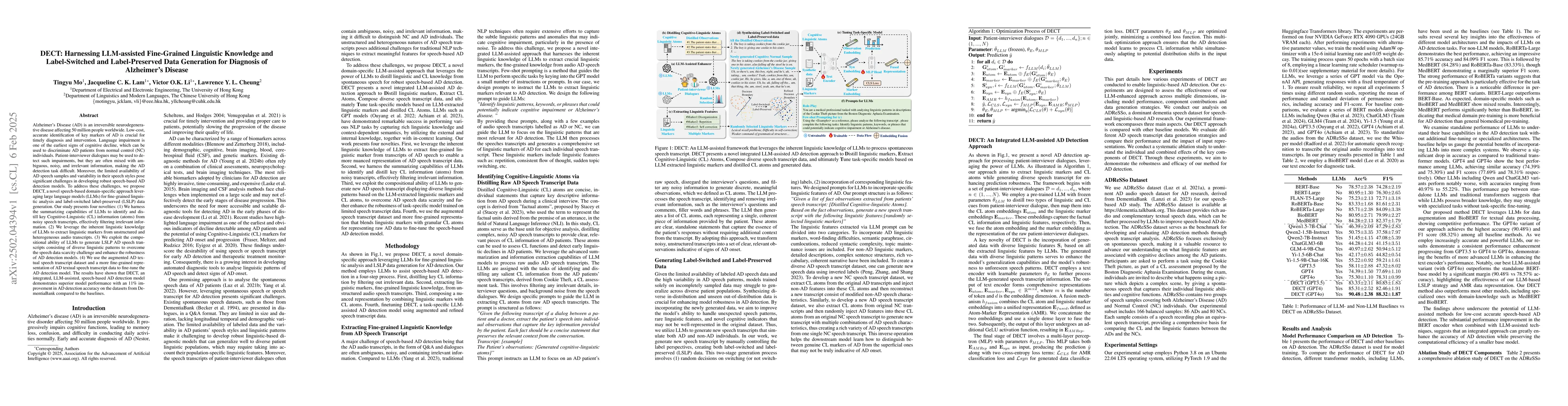 Thumbnail for DECT: Harnessing LLM-assisted Fine-Grained Linguistic Knowledge and
  Label-Switched and Label-Preserved Data Generation for Diagnosis of
  Alzheimer's Disease