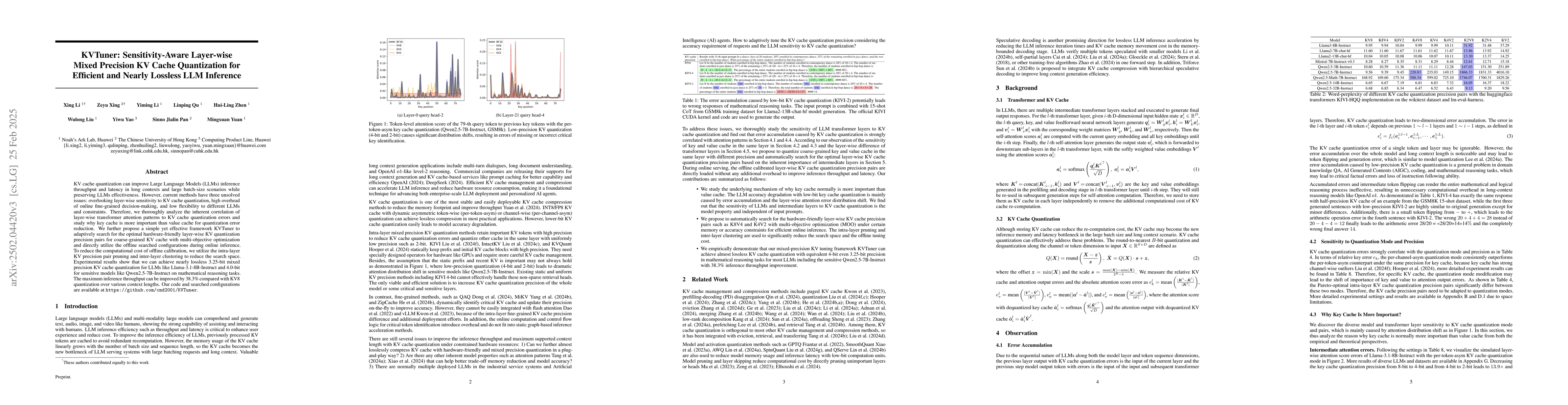 Thumbnail for KVTuner: Sensitivity-Aware Layer-wise Mixed Precision KV Cache
  Quantization for Efficient and Nearly Lossless LLM Inference