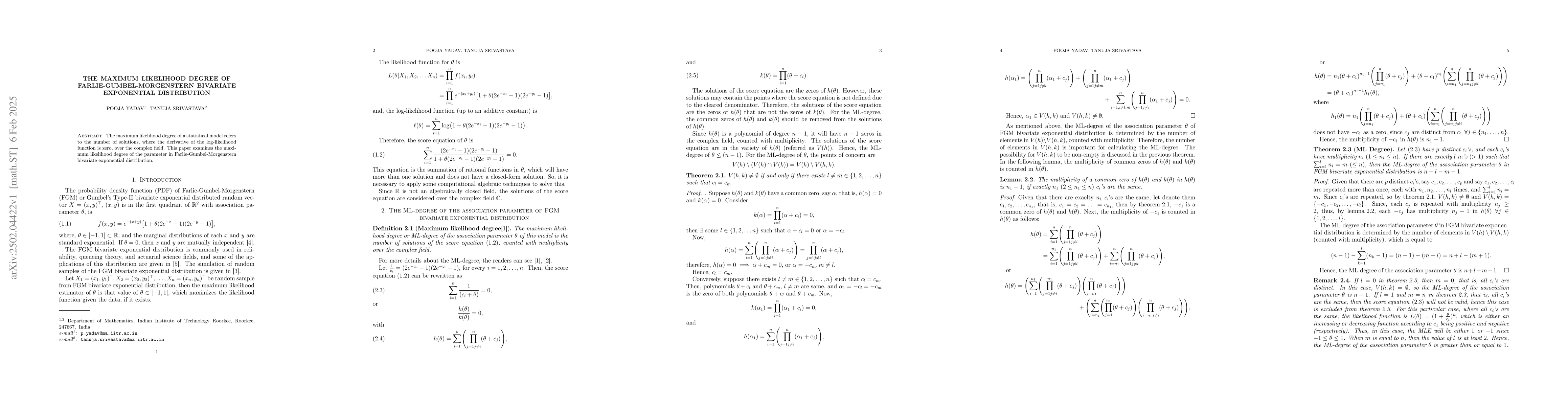 Thumbnail for The Maximum Likelihood Degree of Farlie Gumbel Morgenstern Bivariate
  Exponential Distribution