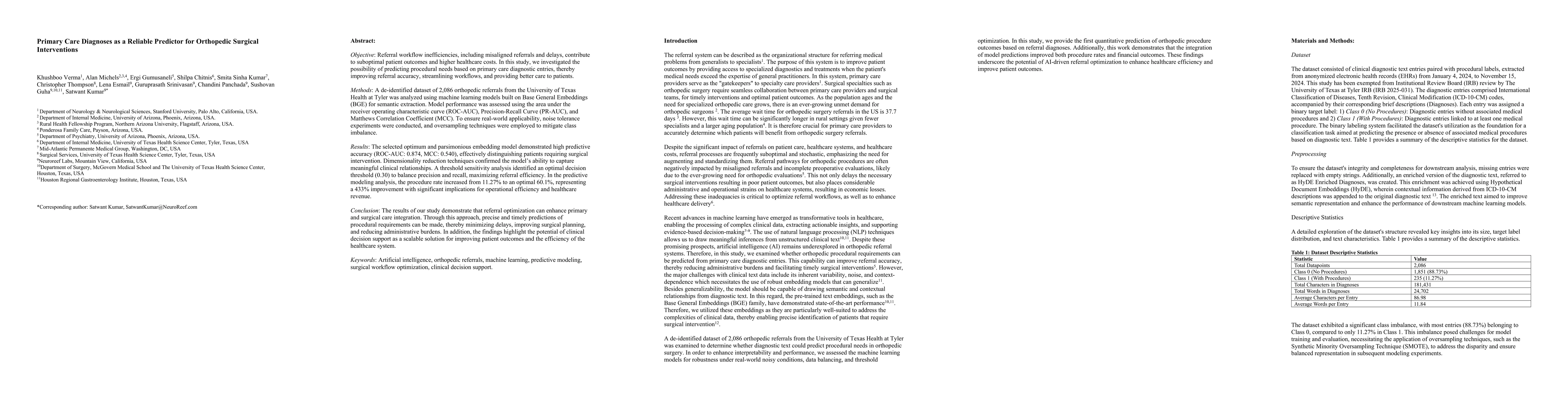 Thumbnail for Primary Care Diagnoses as a Reliable Predictor for Orthopedic Surgical
  Interventions
