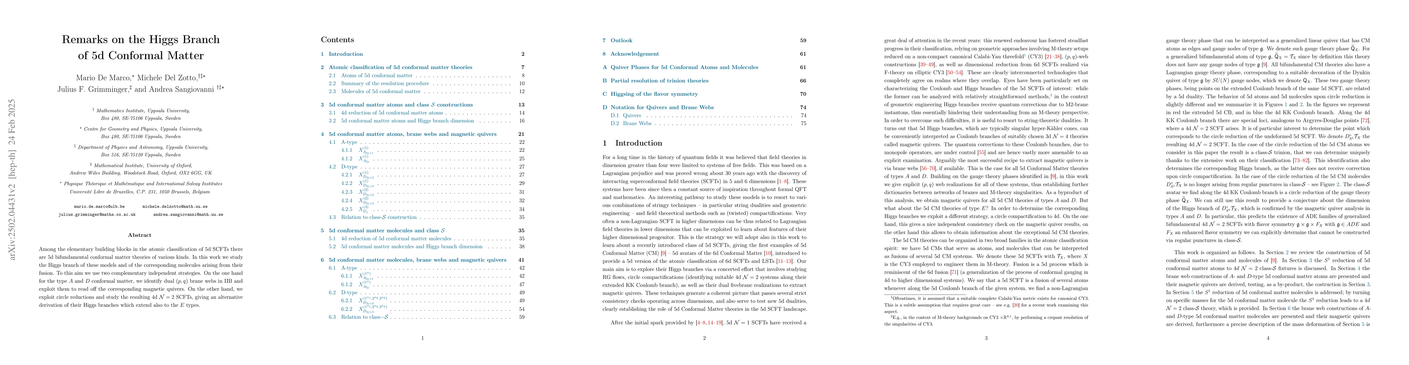 Thumbnail for Remarks on the Higgs Branch of 5d Conformal Matter