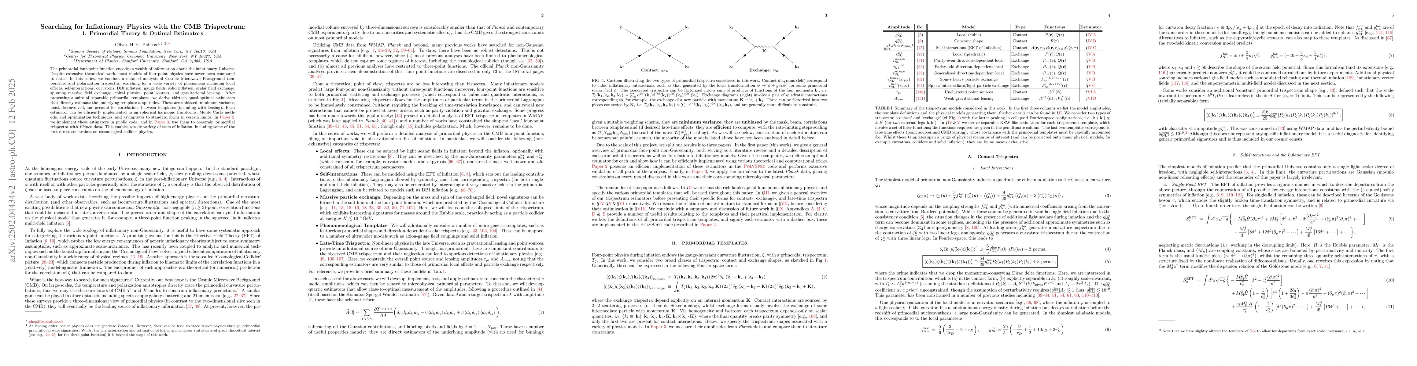 Thumbnail for Searching for Inflationary Physics with the CMB Trispectrum: 1.
  Primordial Theory & Optimal Estimators