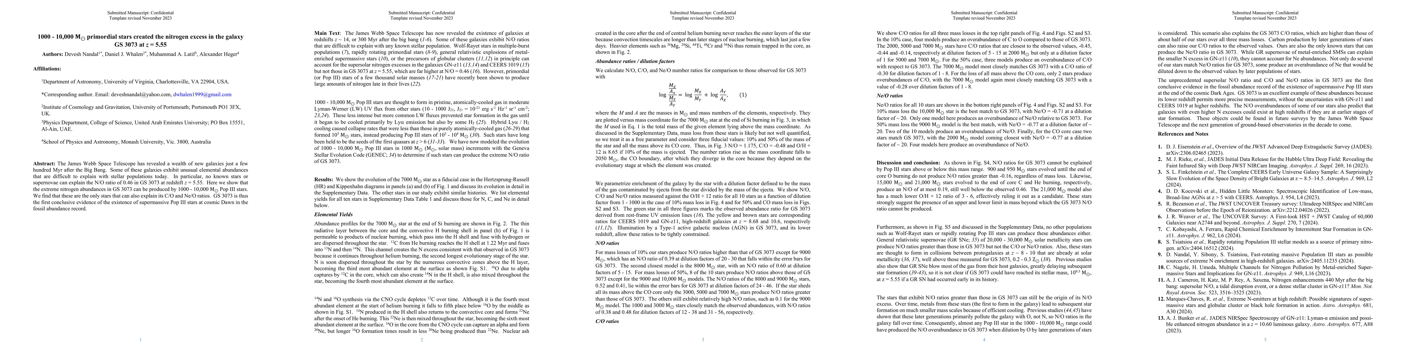 Thumbnail for 1000-10,000 M$_\odot$ Primordial Stars Created the Nitrogen Excess in
  the Galaxy GS 3073 at $z = 5.55$