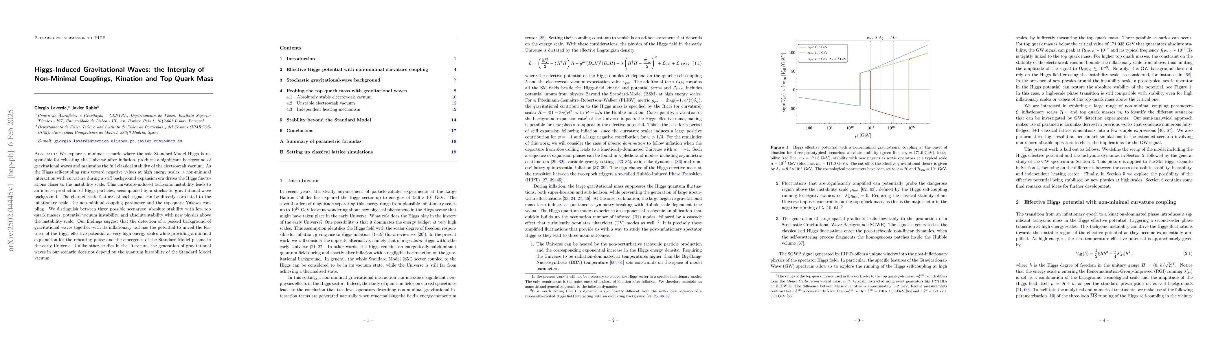 Thumbnail for Higgs-Induced Gravitational Waves: the Interplay of Non-Minimal
  Couplings, Kination and Top Quark Mass