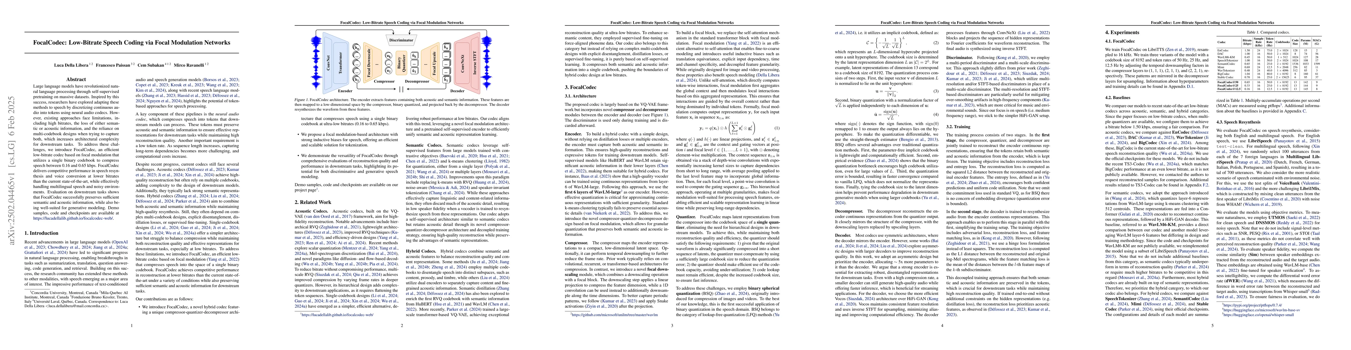 Thumbnail for FocalCodec: Low-Bitrate Speech Coding via Focal Modulation Networks