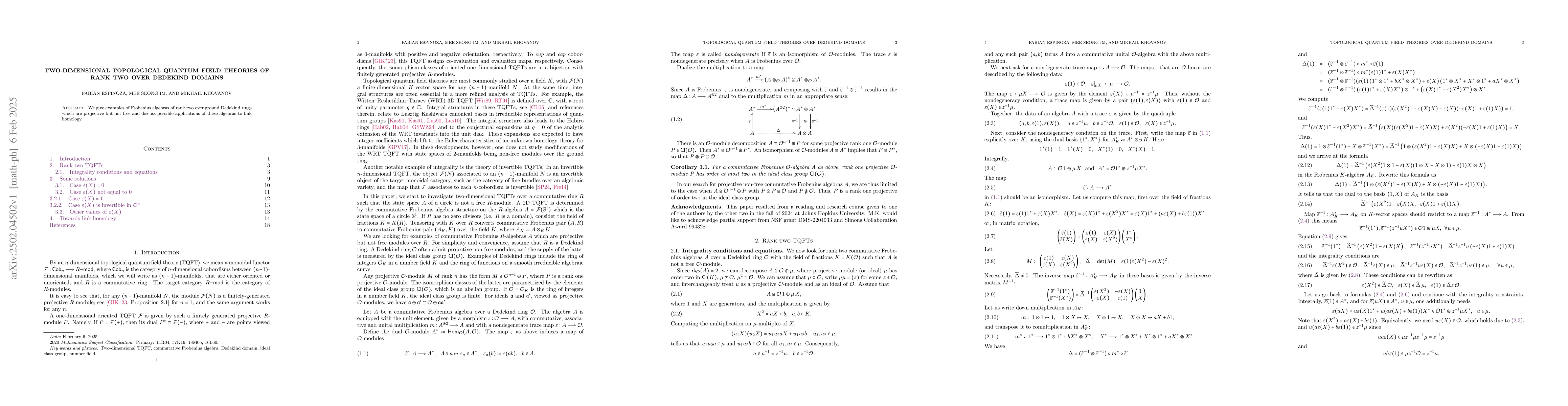 Thumbnail for Two-dimensional topological quantum field theories of rank two over
  Dedekind domains