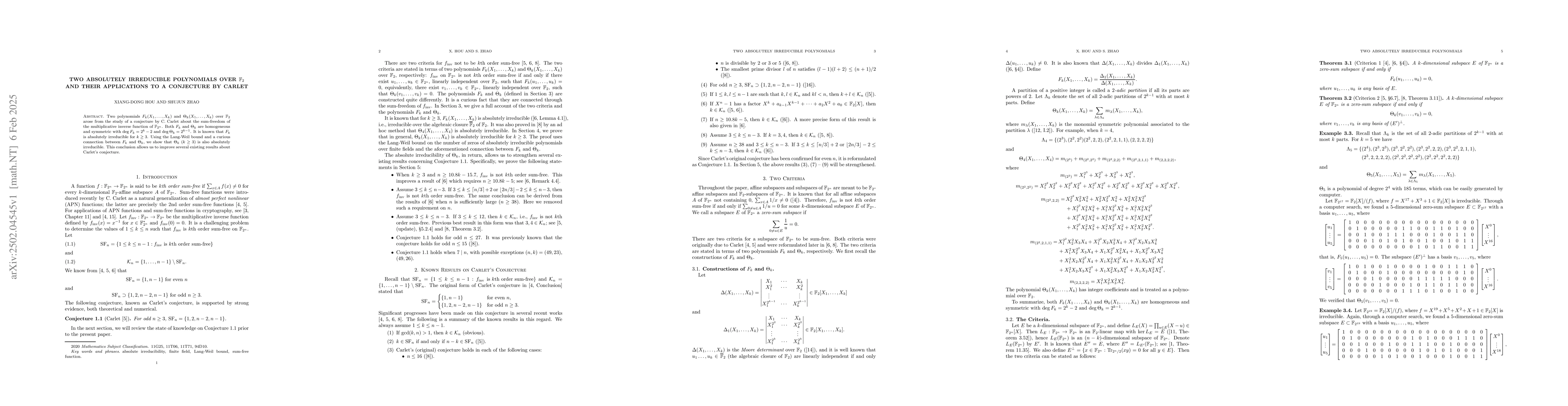 Thumbnail for Two Absolutely Irreducible Polynomials over $\Bbb F_2$ and Their
  Applications to a Conjecture by Carlet