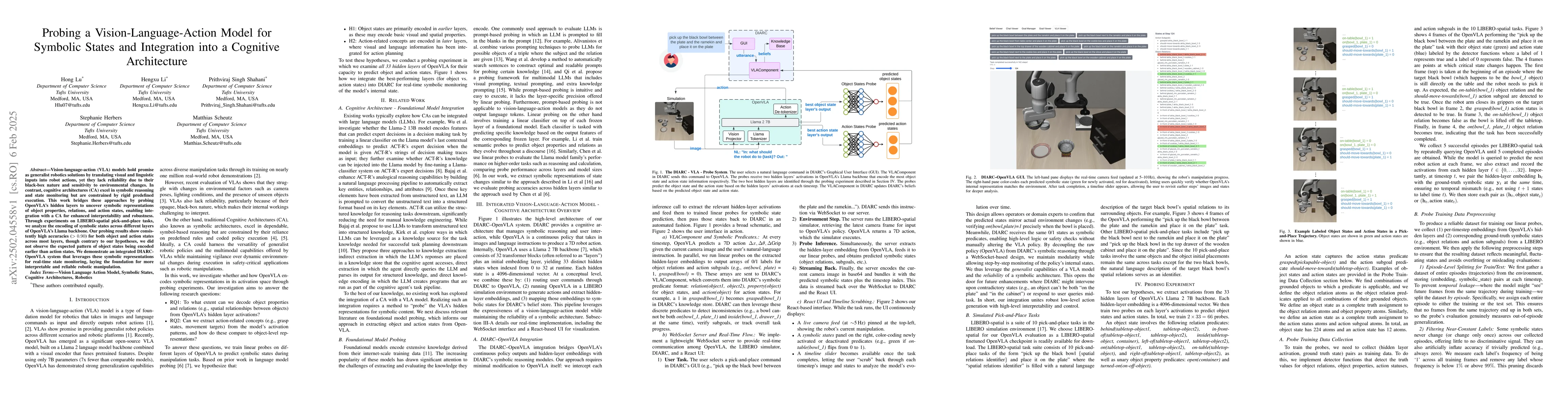 Thumbnail for Probing a Vision-Language-Action Model for Symbolic States and
  Integration into a Cognitive Architecture